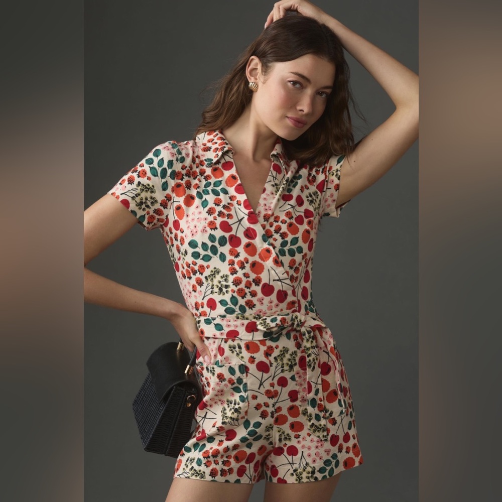 Anthropologie x Maeve Linen Short-Sleeve Wrap Romper Size 10 - Picture 2 of 8